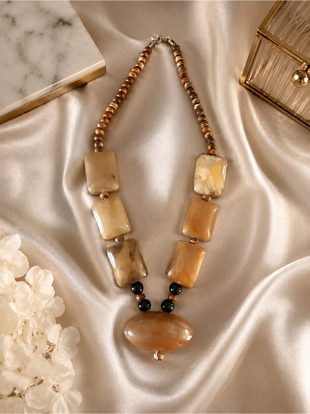Boho Natural Buffalo Horn Statement Necklace - Neutral Chunky Artisan Jewelry